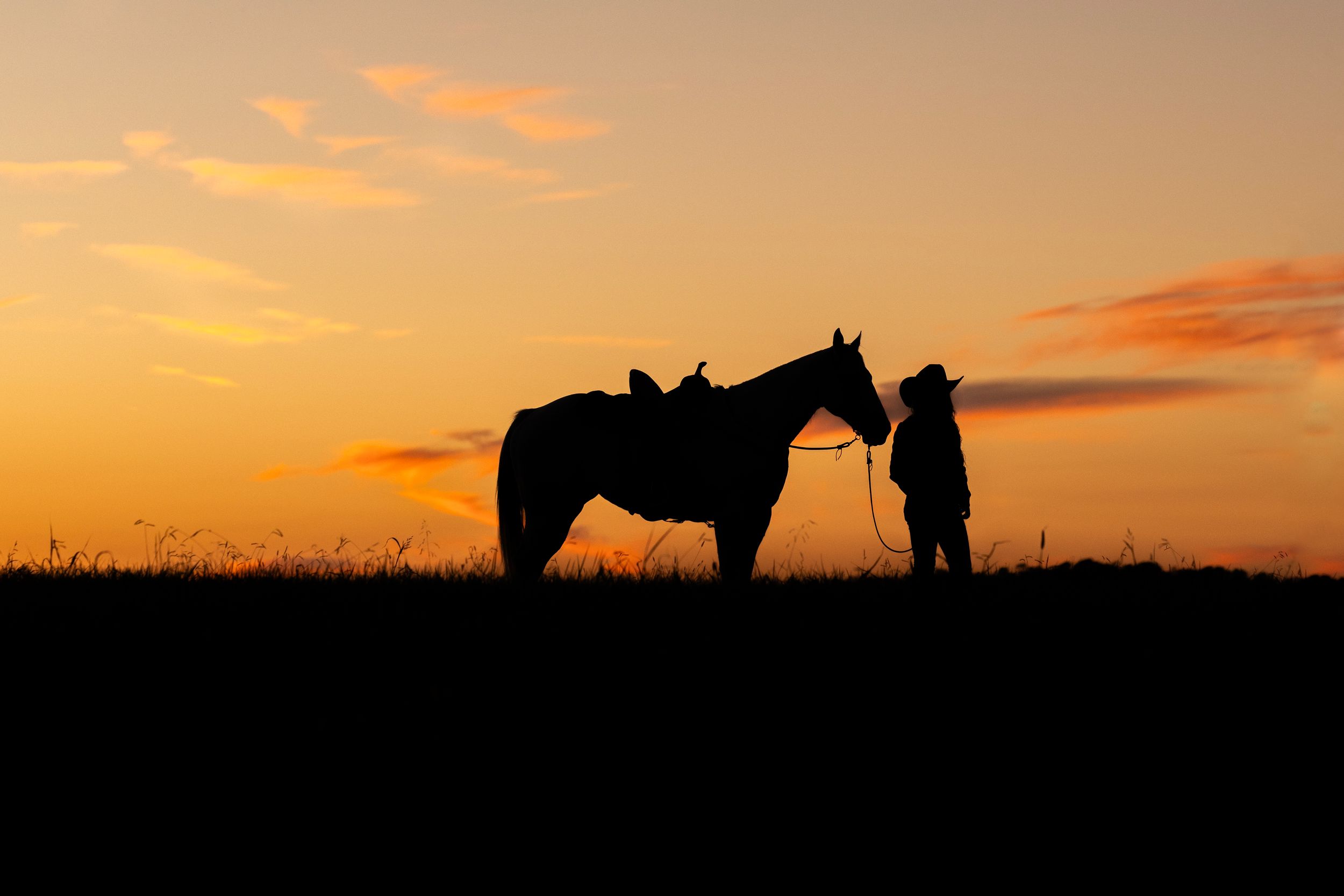 Silhouette of a cowboy and saddled horse standing together against a vibrant orange and yellow sunset sky.
