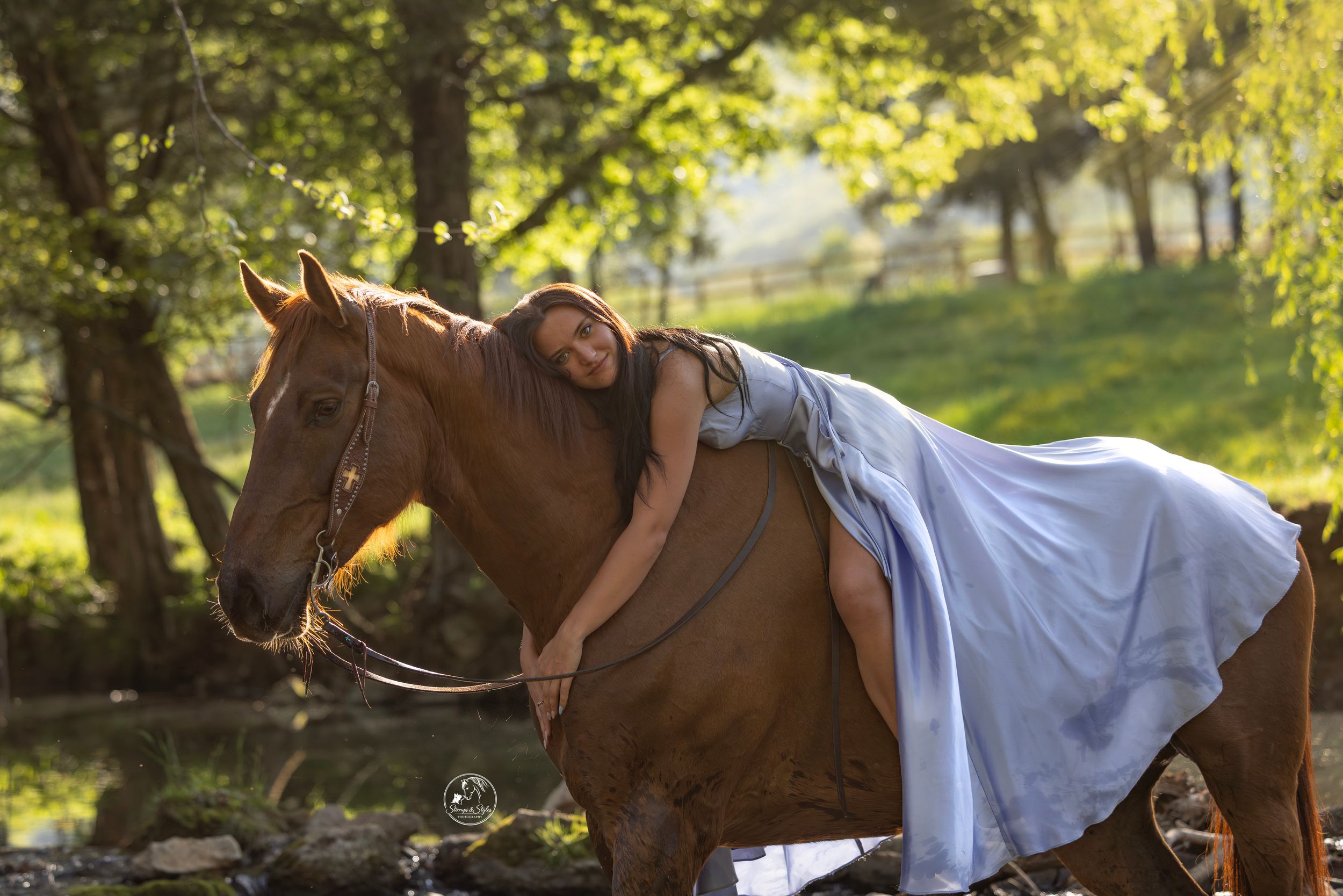 Woman in white dress lying on a chestnut horse in a sunlit forest setting.