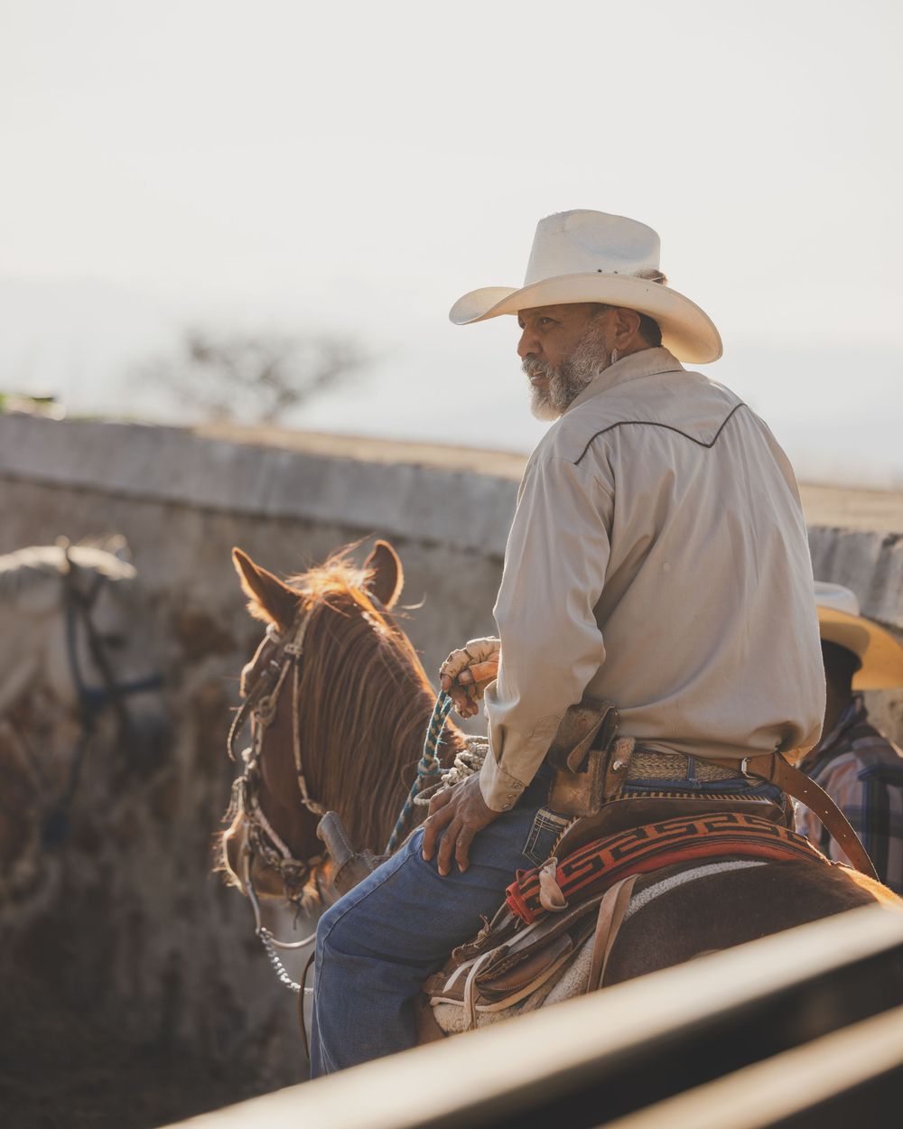 A weathered cowboy in a white hat rides a brown horse at golden hour in an outdoor ranch setting.