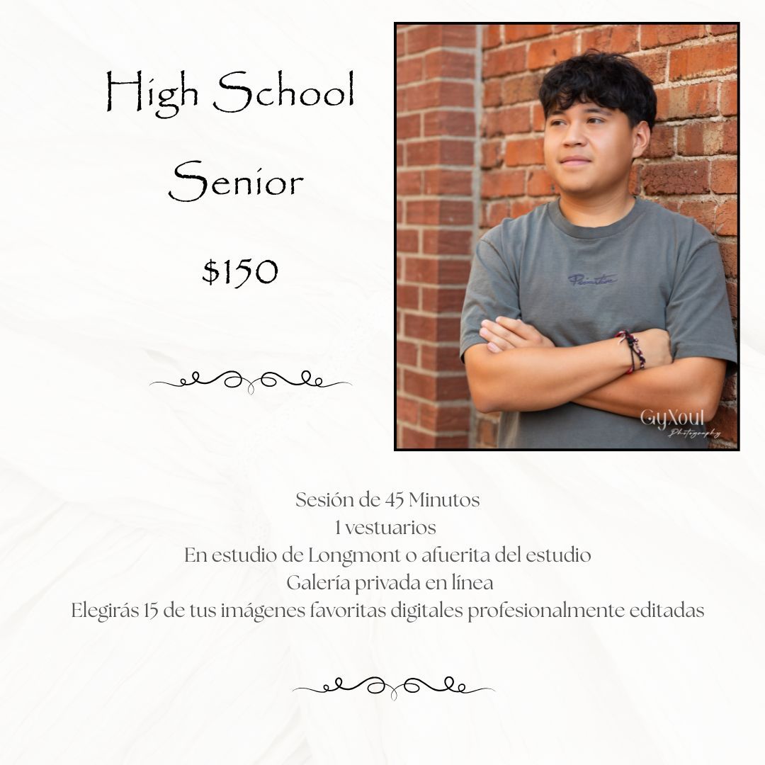High school senior photography package promo showing a young man posing against a brick wall, priced at $150.