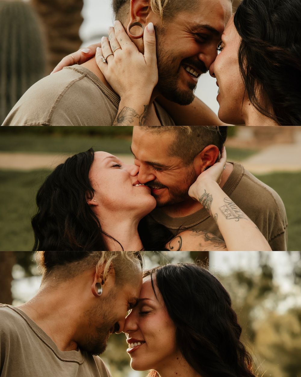 A couple shares tender romantic moments in a triptych of photos, kissing and smiling with foreheads touching outdoors.