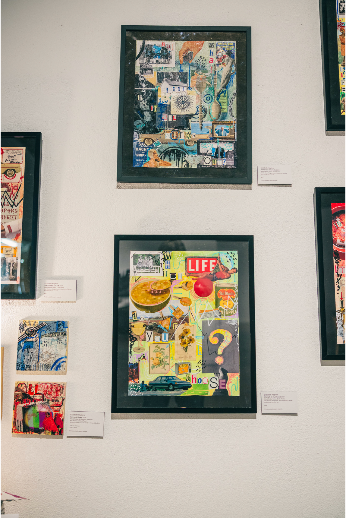 Gallery wall displaying colorful collage artworks in black frames, featuring mixed media pieces with LIFE magazine cutouts and bold imagery.