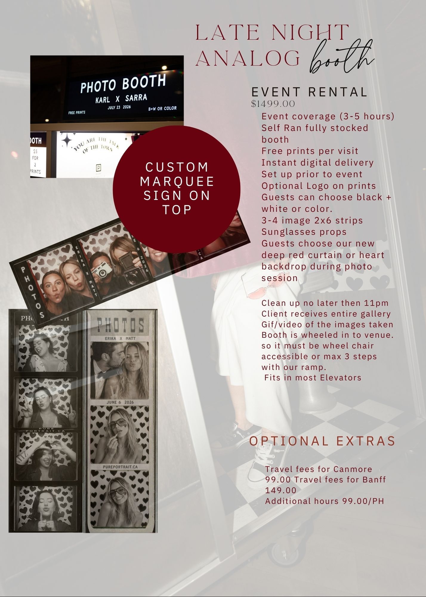 Retro photo booth rental service flyer showing event pricing, optional extras, and sample photo booth pictures with heart backdrop.