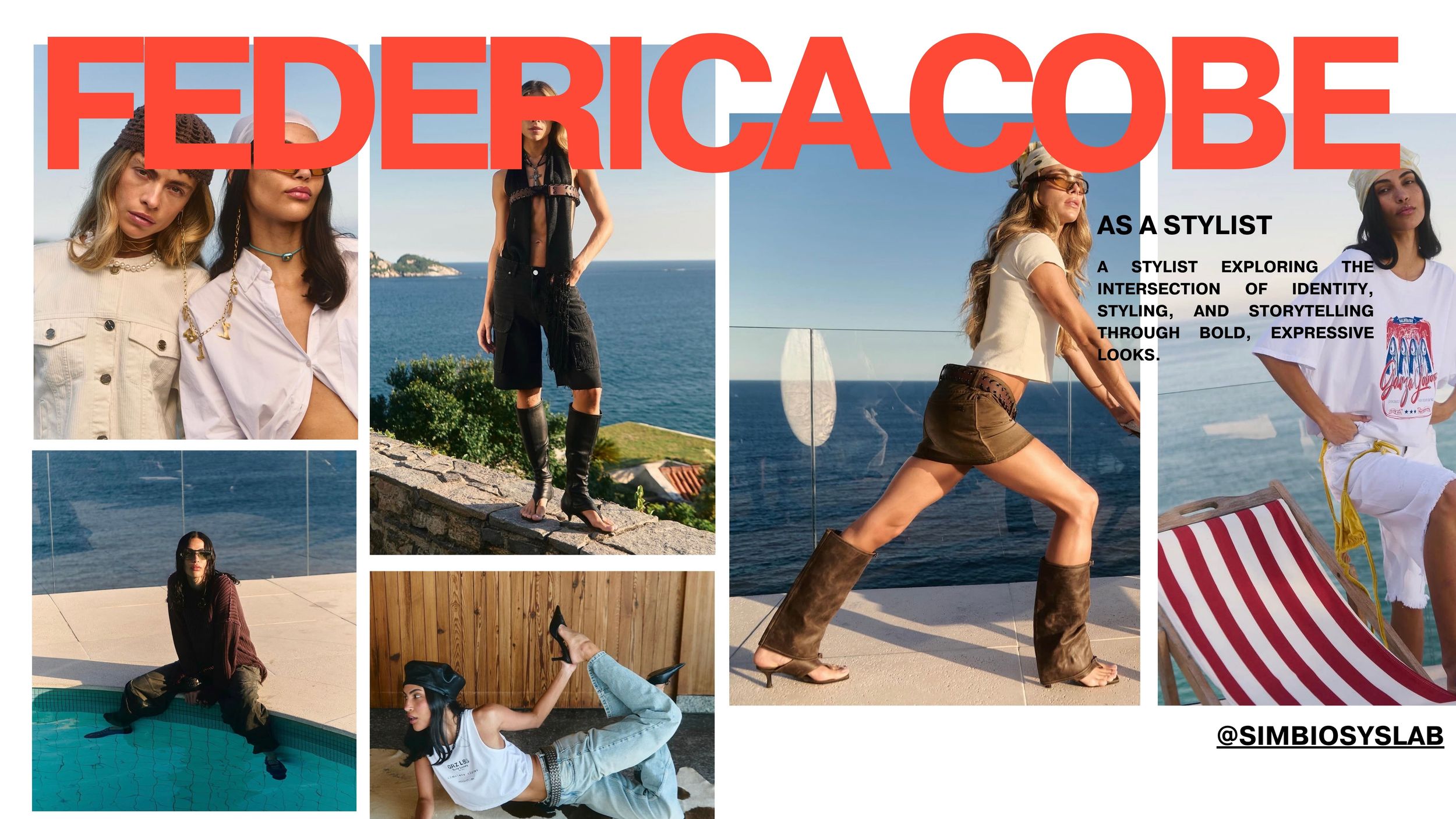 Federica Cobe stylist portfolio collage featuring fashion editorial photos with models in stylish outfits against scenic outdoor backdrops.