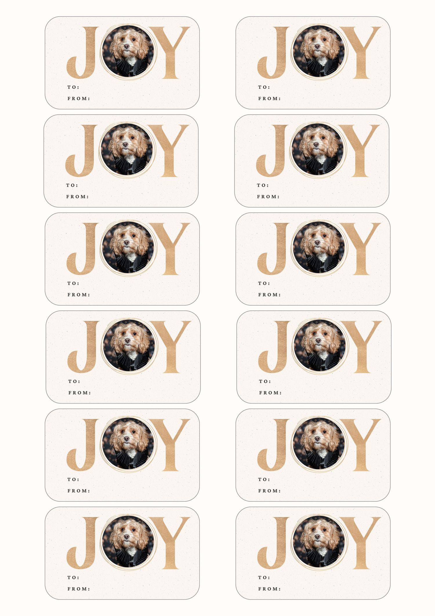 Sheet of 12 personalized JOY gift tags featuring a cute dog photo in gold letters for holiday gift wrapping.
