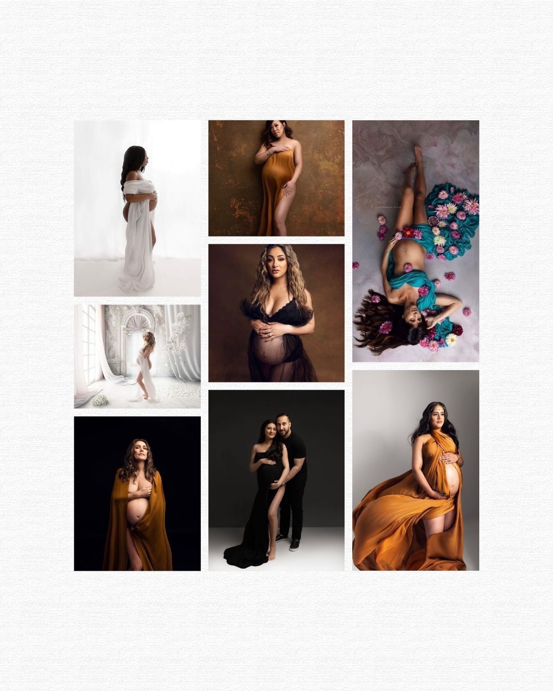 A collage of elegant maternity photoshoots featuring pregnant women in flowing gowns and artistic poses with floral and studio backdrops.