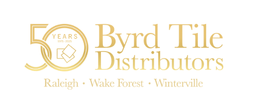 Byrd Tile Distributors 50th anniversary gold logo serving Raleigh, Wake Forest, and Winterville NC.