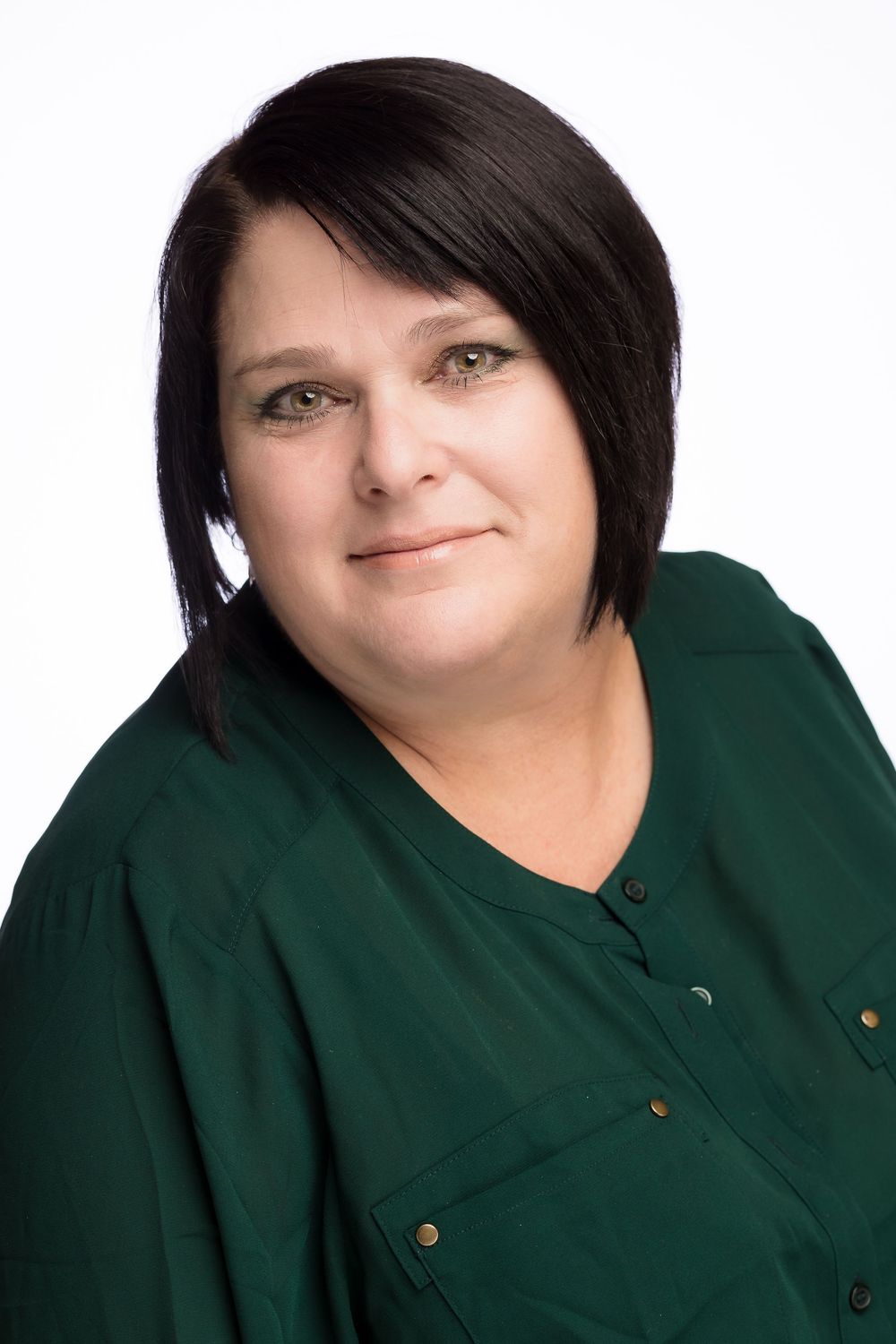 Professional headshot series showing person in dark green collared shirt against white background.