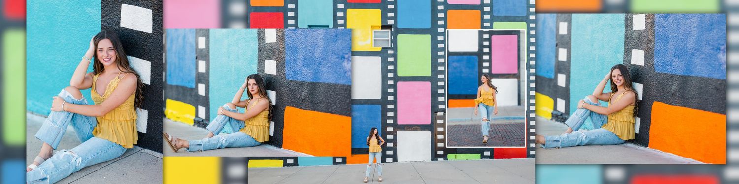 Young woman in yellow top and jeans poses confidently against a vibrant colorful mural with film strip border.