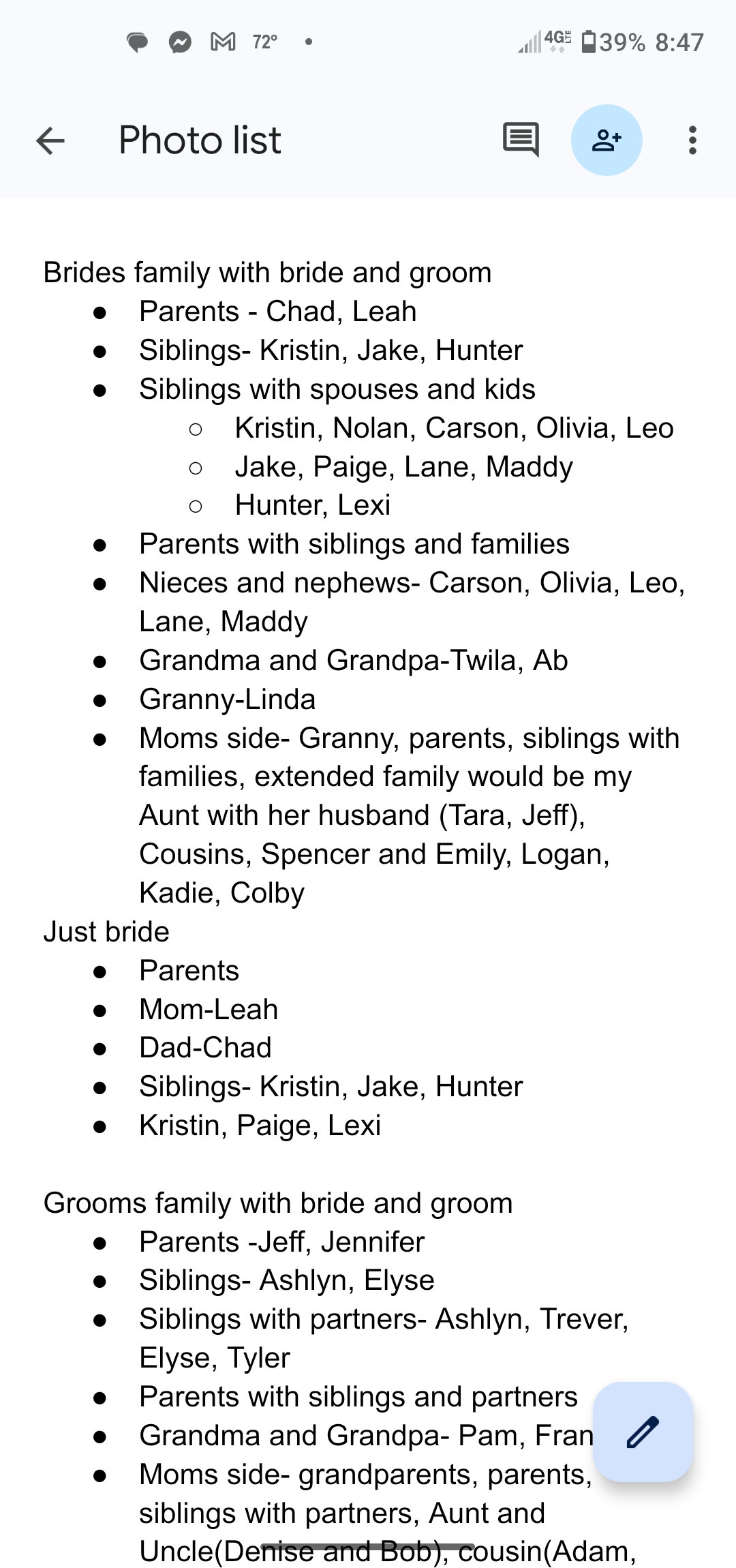 Wedding photo list detailing family groupings for bride and groom portraits, including parents, siblings, and extended family members.