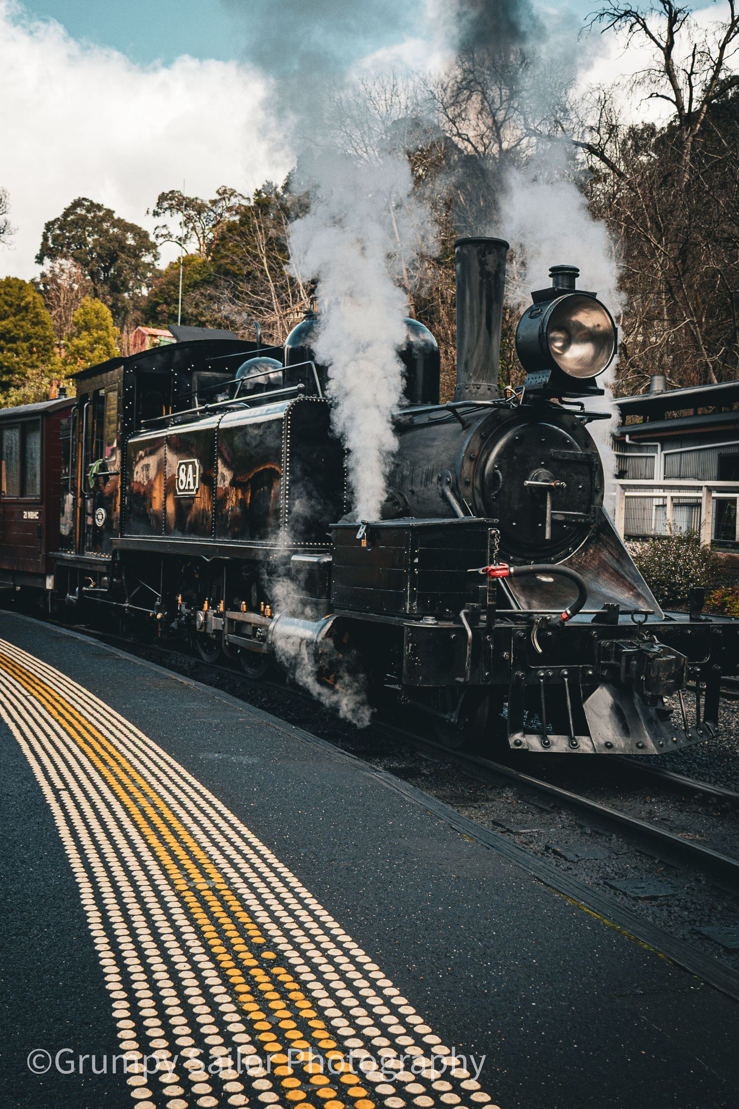 Vintage black steam locomotive billowing white smoke at a station platform, surrounded by trees under a cloudy sky.