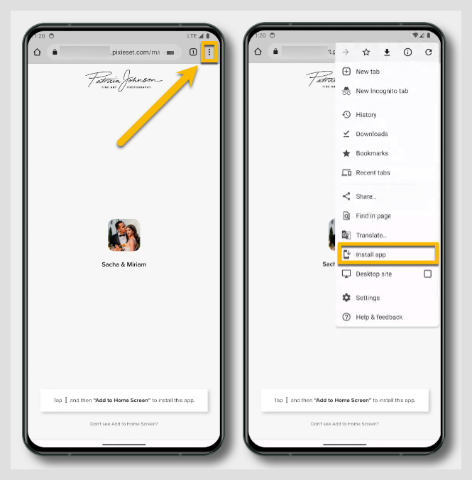 Step-by-step guide showing how to install a web app on mobile via browser menu with Install App option highlighted.