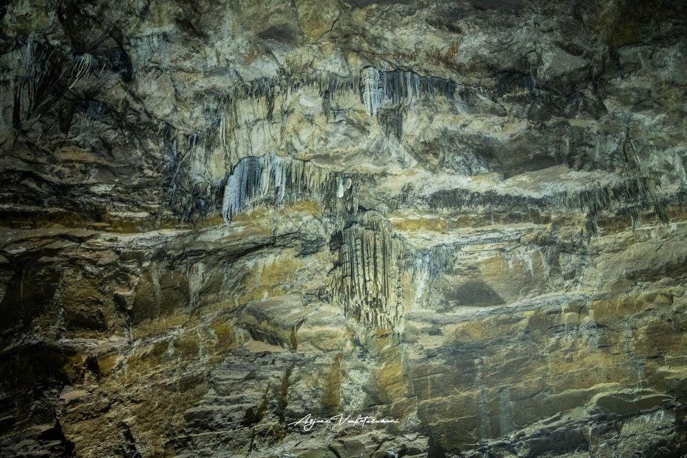 Cave interior showing stalactites and layered rock formations with golden and gray mineral deposits on textured walls.