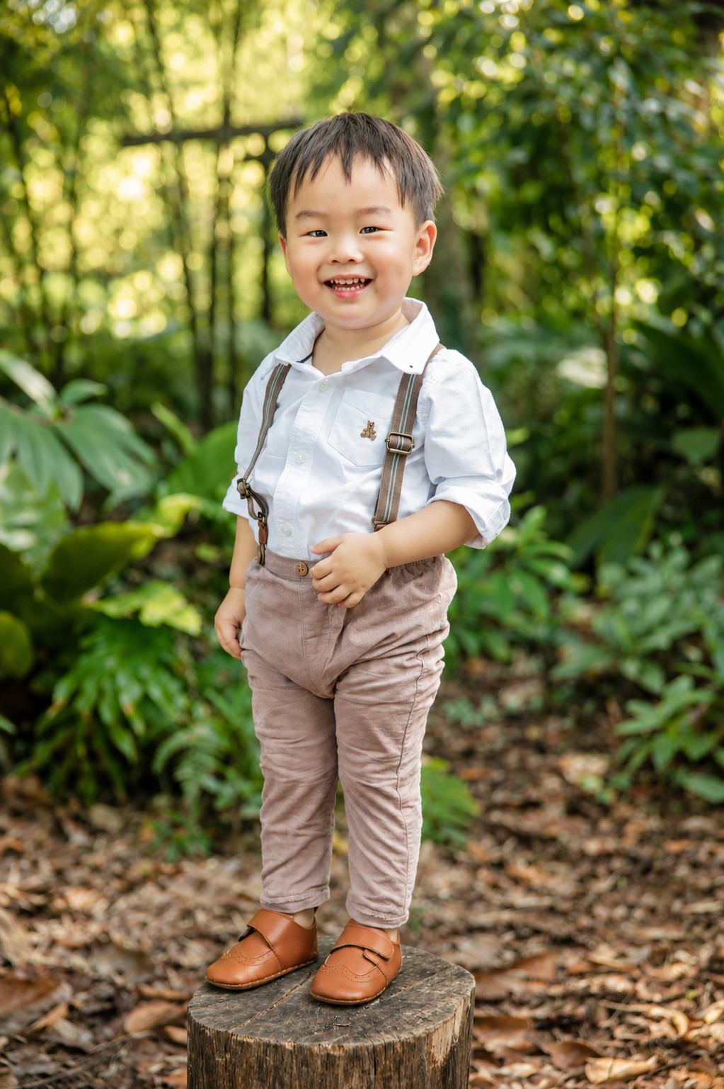 Adorable smiling toddler boy in suspenders and loafers standing on a tree stump in a garden.