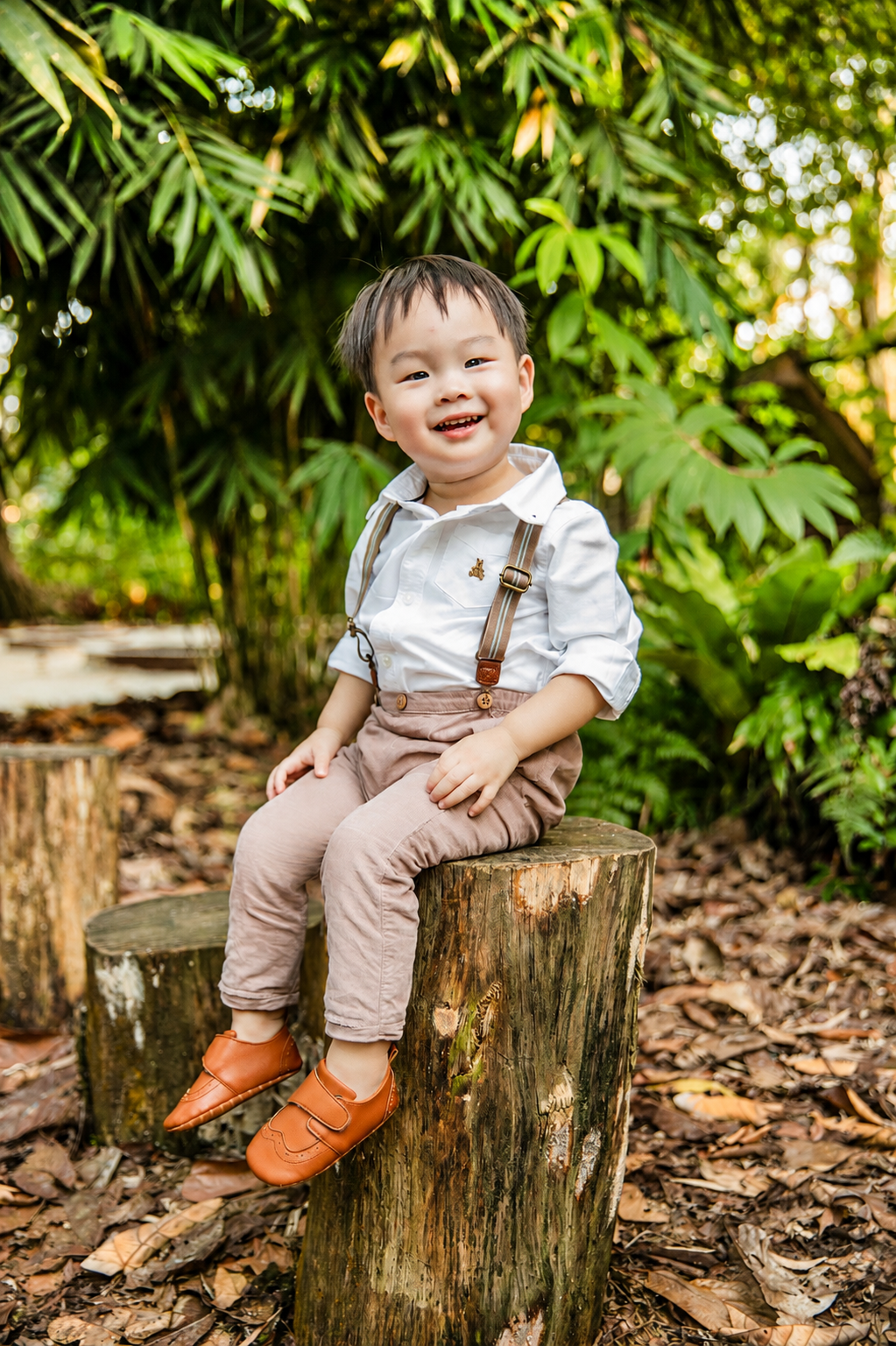 Cheerful toddler boy in white shirt and suspenders sitting on a tree stump in a lush garden.