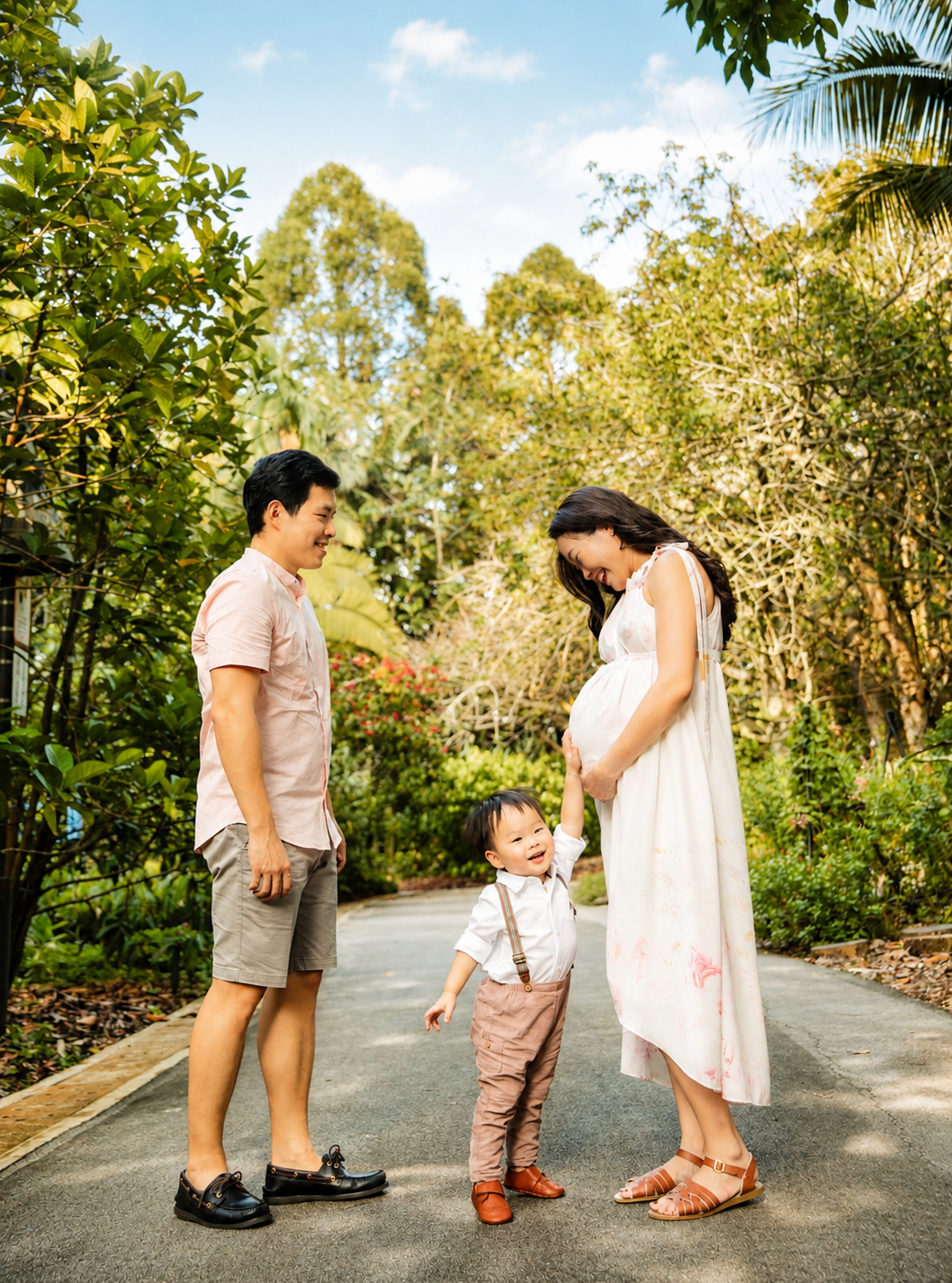 Asian family maternity photo with father, toddler son, and pregnant mother on a garden path.