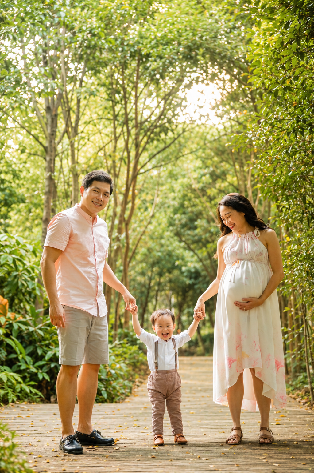 Pregnant Asian woman in white dress walks with husband and toddler son on a sunlit garden path.