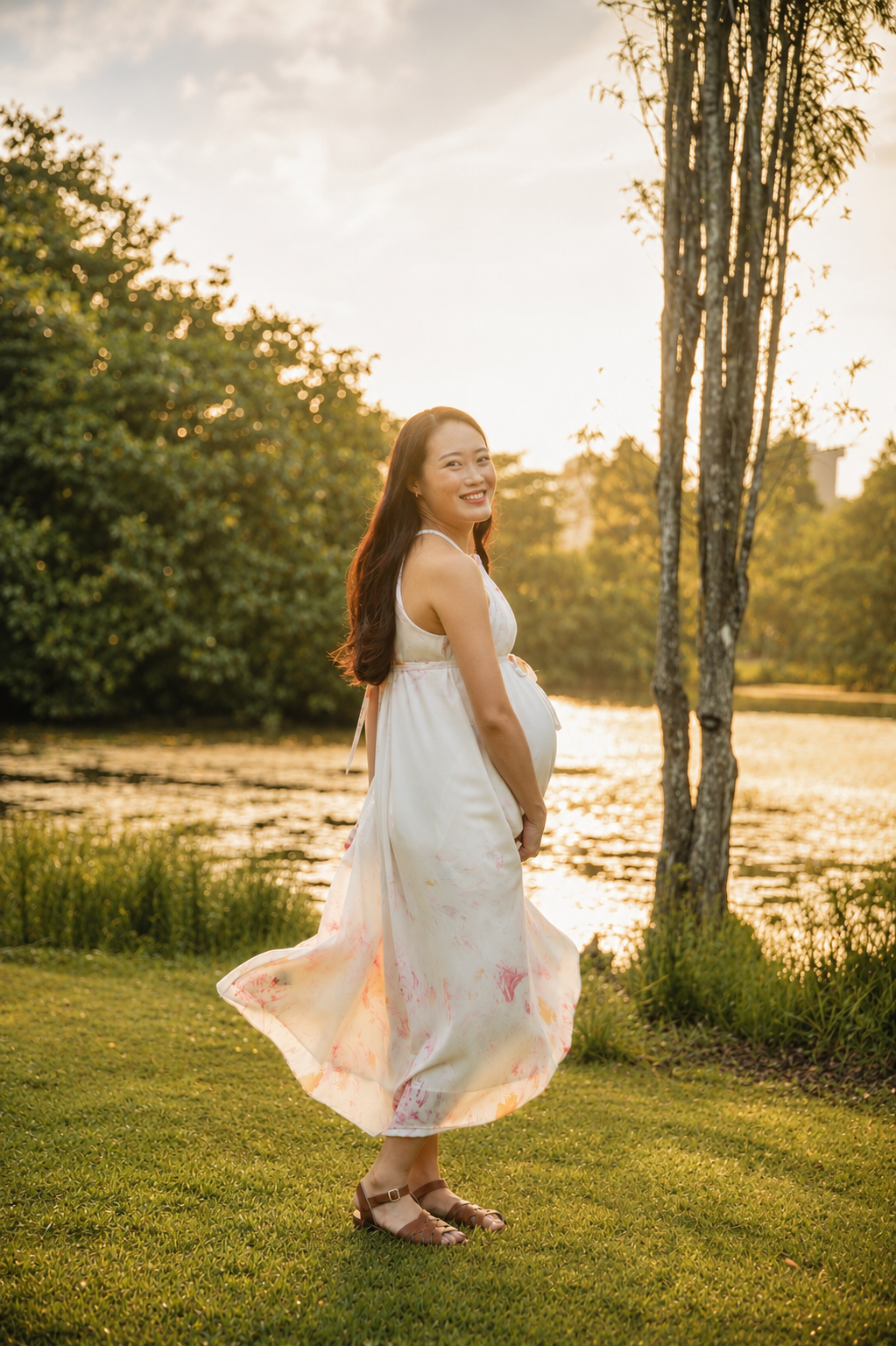 Smiling pregnant Asian woman in a floral white dress twirls on grass at golden hour by a pond.