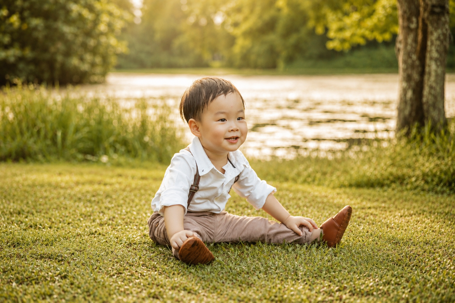 Smiling Asian toddler boy sitting on green grass near a pond in a white shirt and suspenders.