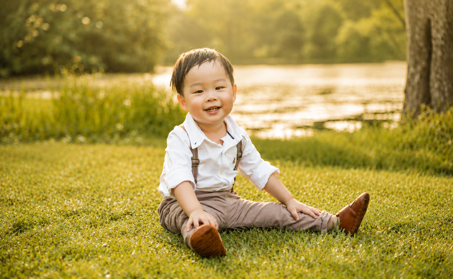 Happy Asian baby boy laughing while sitting on lush grass by a sunlit pond outdoors.