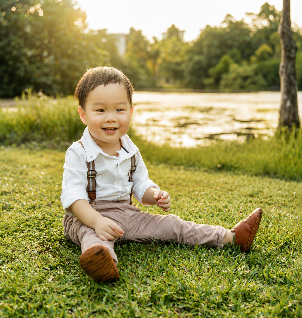 Adorable Asian toddler boy smiling brightly while sitting on green grass near a scenic pond.