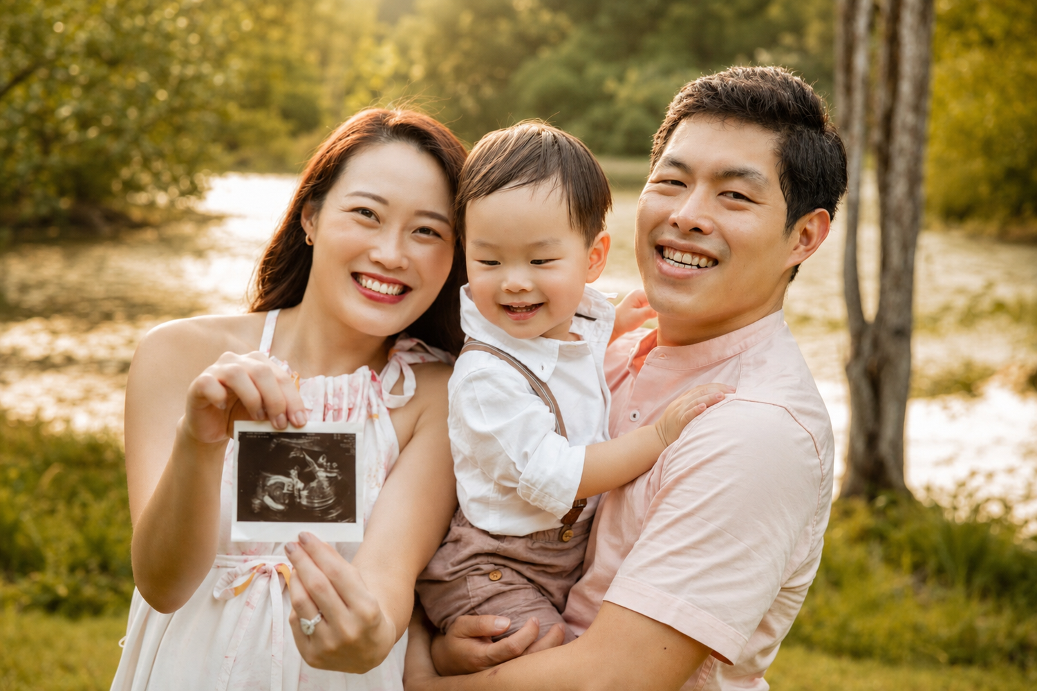 Smiling Asian family holding ultrasound photo, announcing pregnancy with toddler son outdoors.