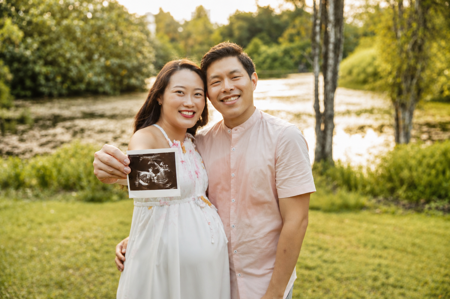 Happy Asian couple smiling and holding an ultrasound scan photo outdoors by a pond.