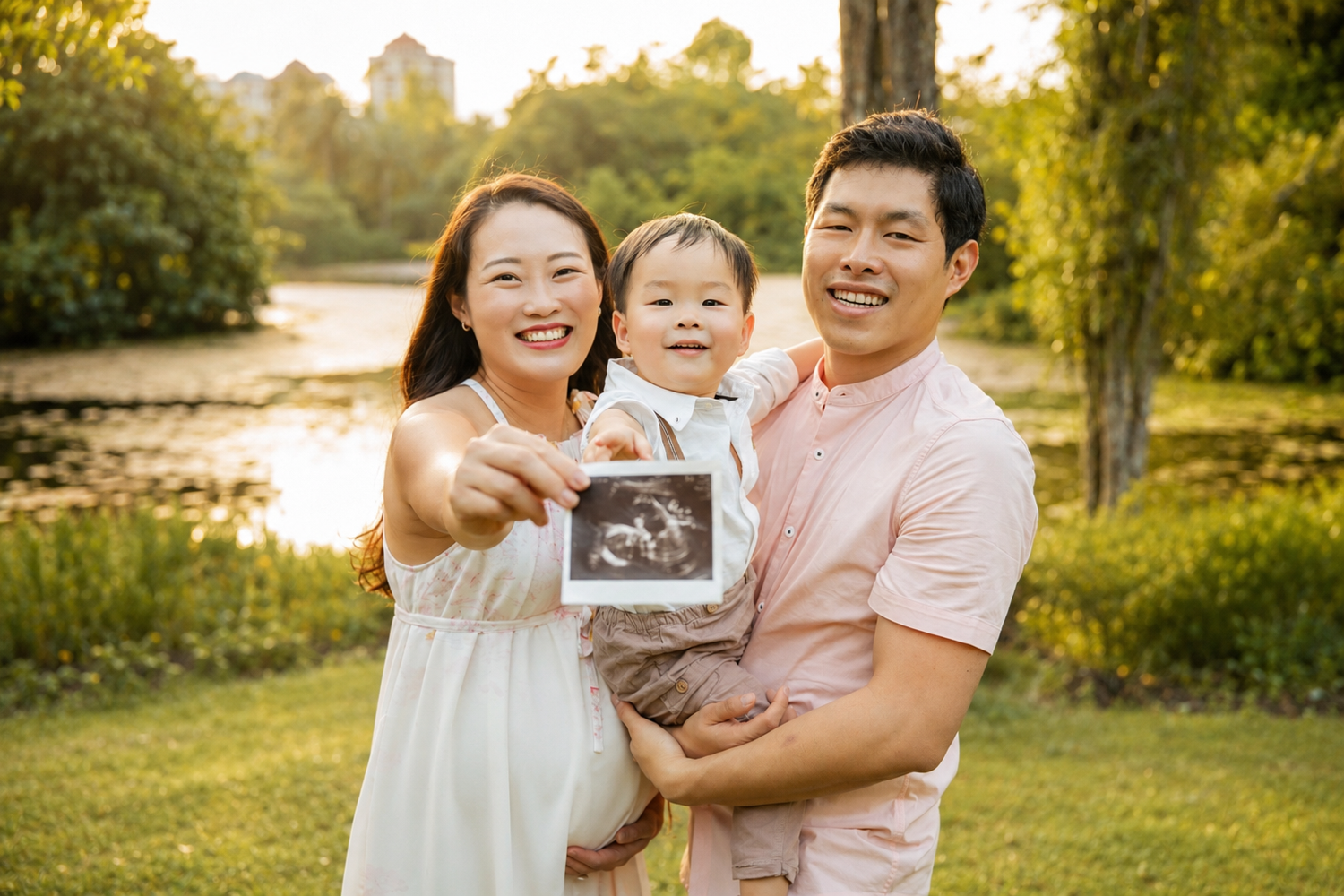 Joyful Asian family with pregnant mom and dad holding toddler son, showing ultrasound photo.