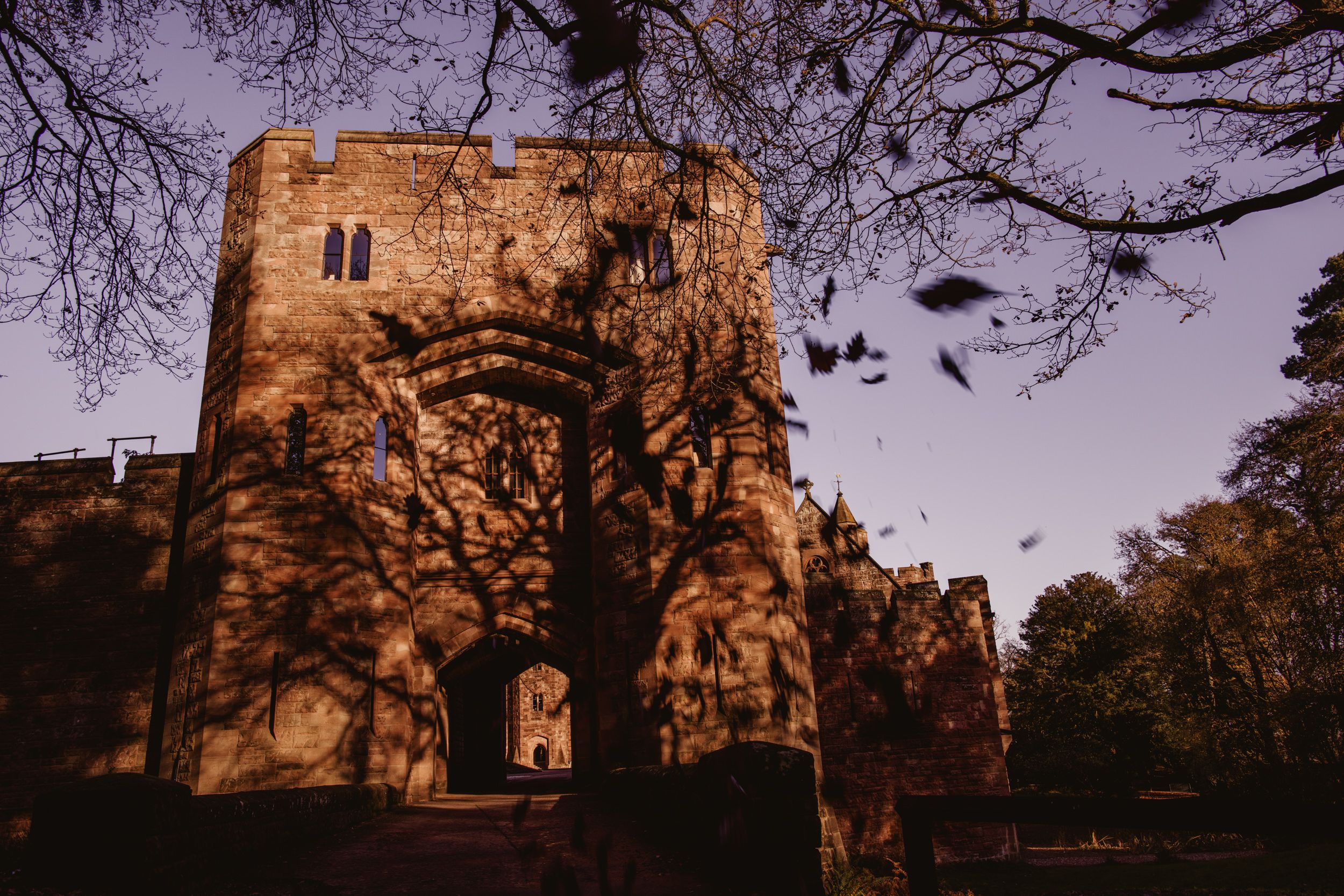 Medieval stone castle gatehouse with arched entrance glowing in warm evening light, framed by bare tree branches against a purple sky.