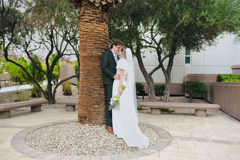 A bride in a white gown and veil embraces her groom in a dark suit beside a palm tree trunk in a sunny courtyard.