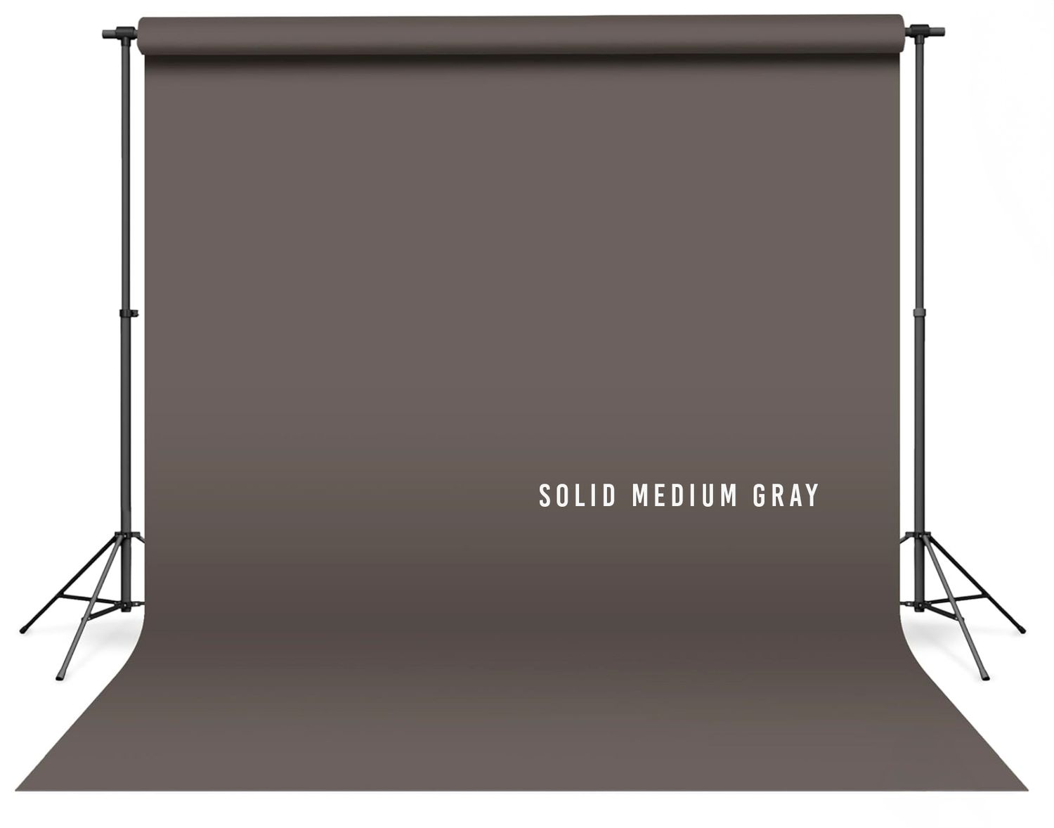 Solid medium gray seamless paper photography backdrop displayed on a metal stand support system in a studio setting.