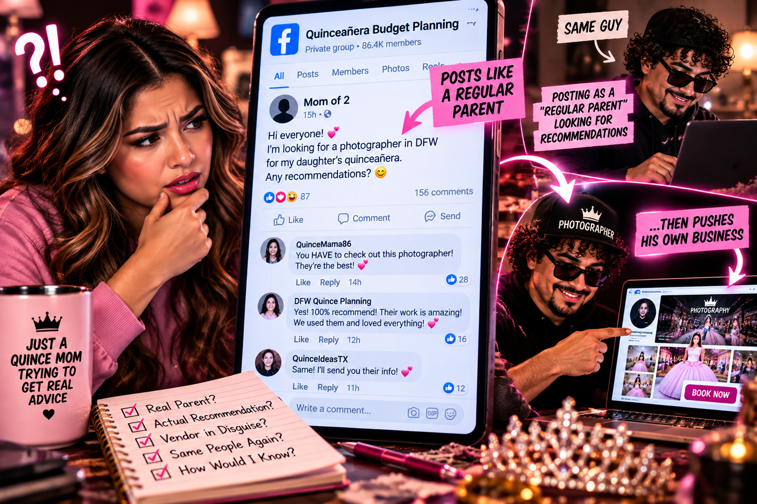 Quince moms discovering vendor friendships behind glowing Facebook recommendations for photographers, DJs, venues and decorators around Dfw