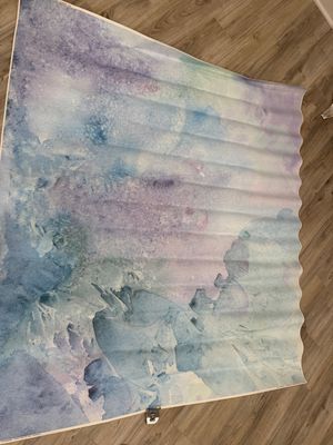 Abstract purple/blue poly paper drop  size 72x60  Has some creasing on it, and is rolled up to help get them out