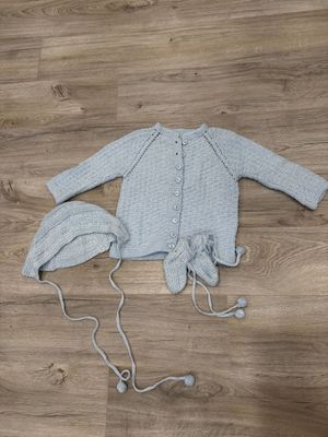 Baby/toddler outfit, brand new in Baby Blue color. Comes with hat, jacket, and booties. All crochet and runs big