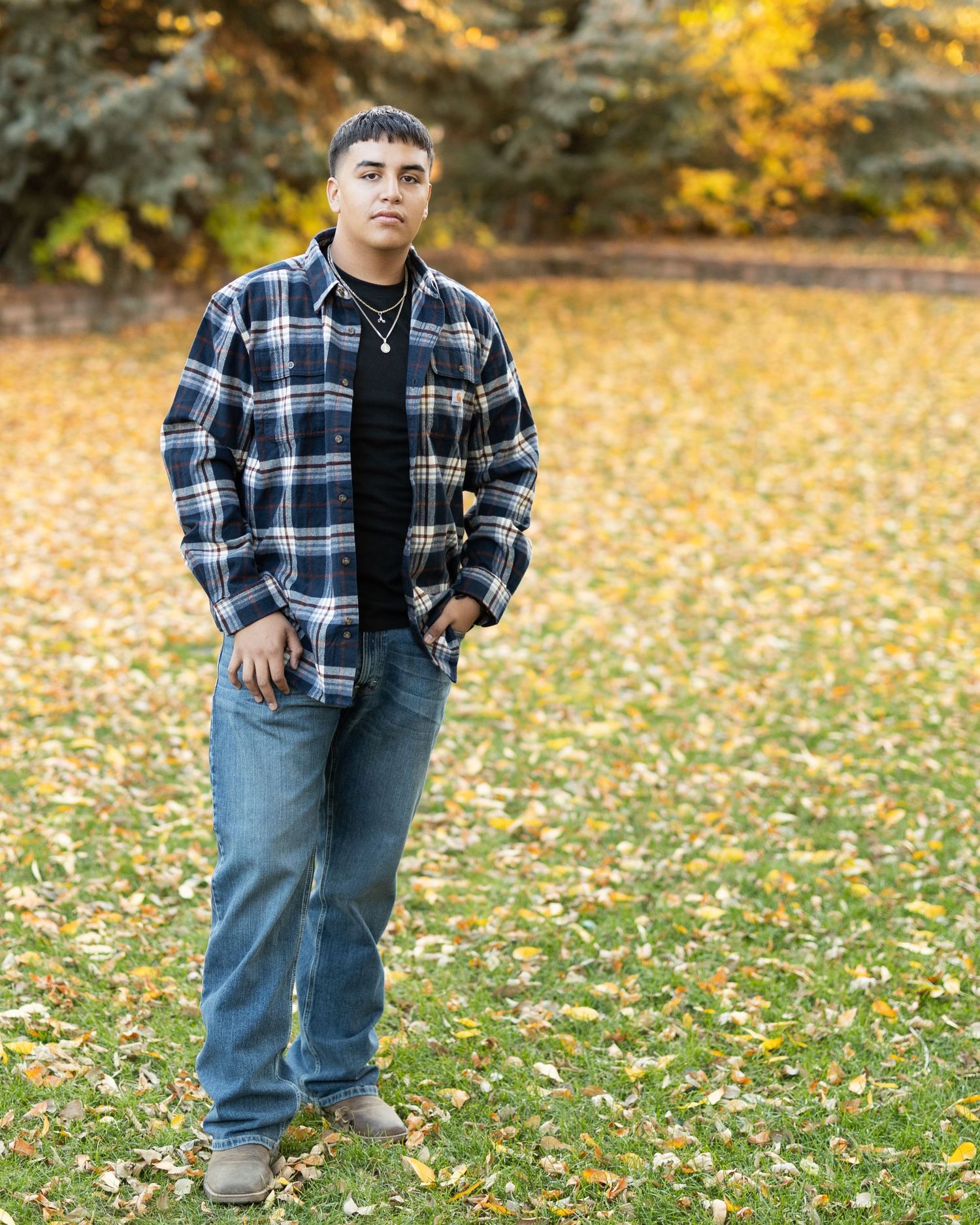 Young man in plaid shirt and jeans standing on autumn leaf-covered grass with colorful fall trees behind.