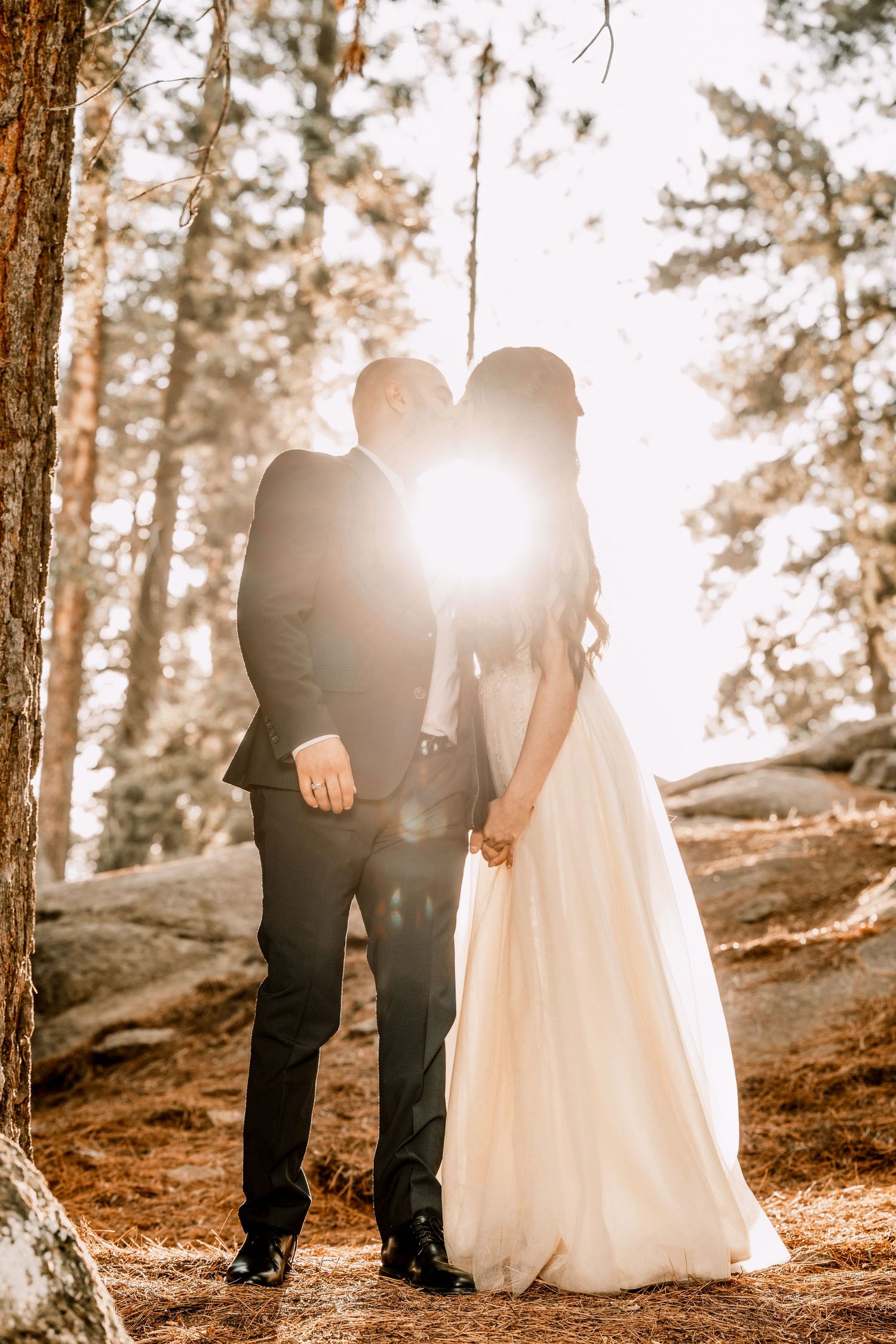 Bride and groom holding hands and sharing a kiss in a sunlit forest.