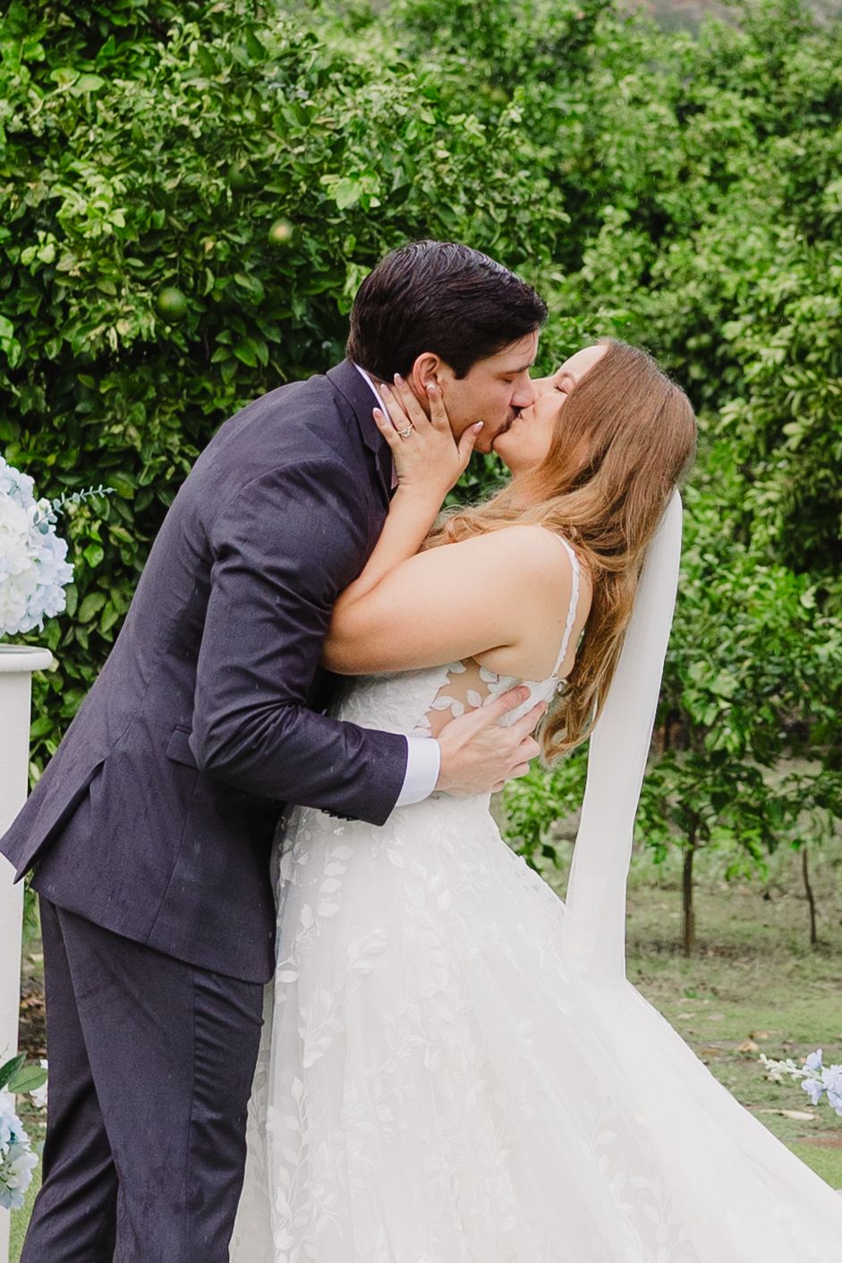 Bride in a lace wedding gown and groom in a navy suit share a kiss outdoors in front of lush green citrus trees.
