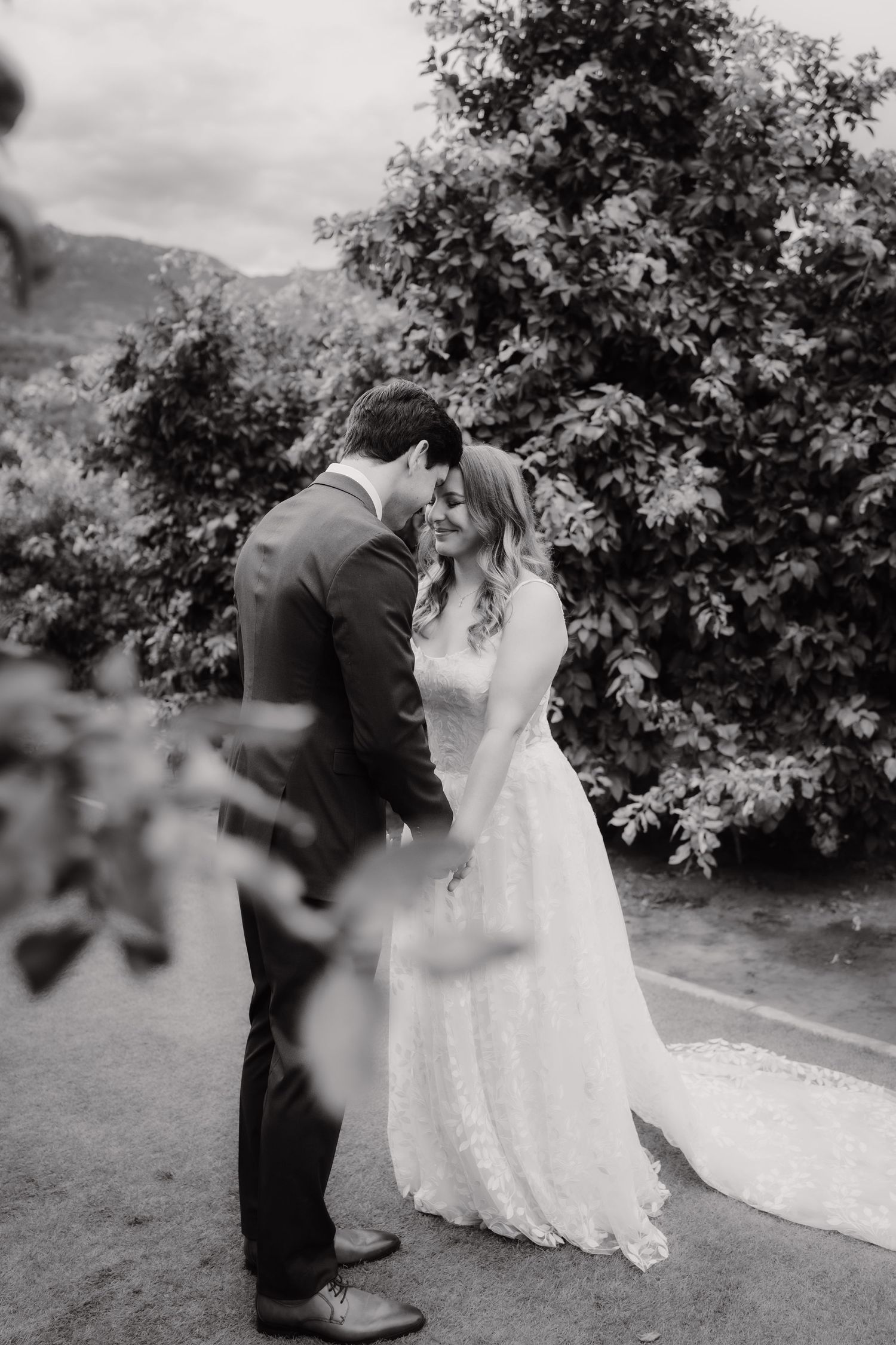 Black and white photo of a bride and groom touching foreheads and smiling on a garden path with trees and mountains behind.