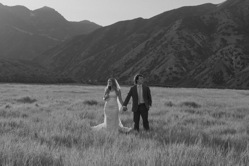 Black and white photo of a bride and groom holding hands in a mountain meadow.