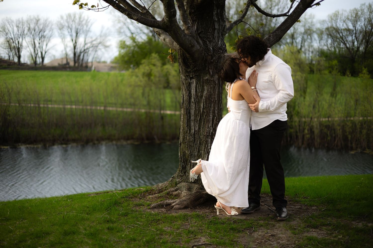 A couple sharing a kiss by a tree overlooking the water