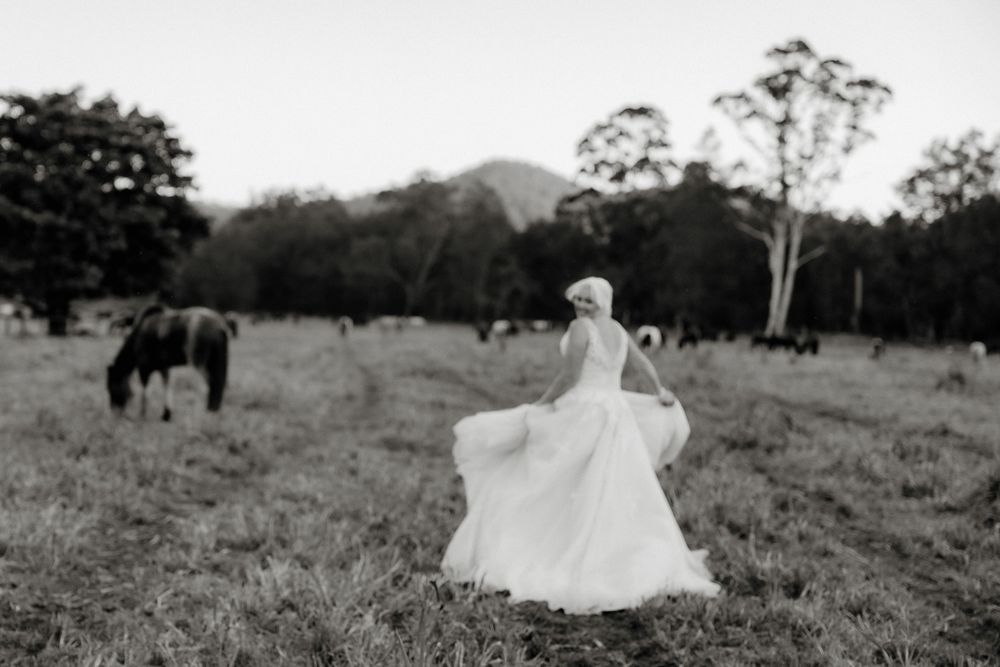 Bride in flowing white wedding dress twirling in a pastoral field with grazing horses and trees in black and white.