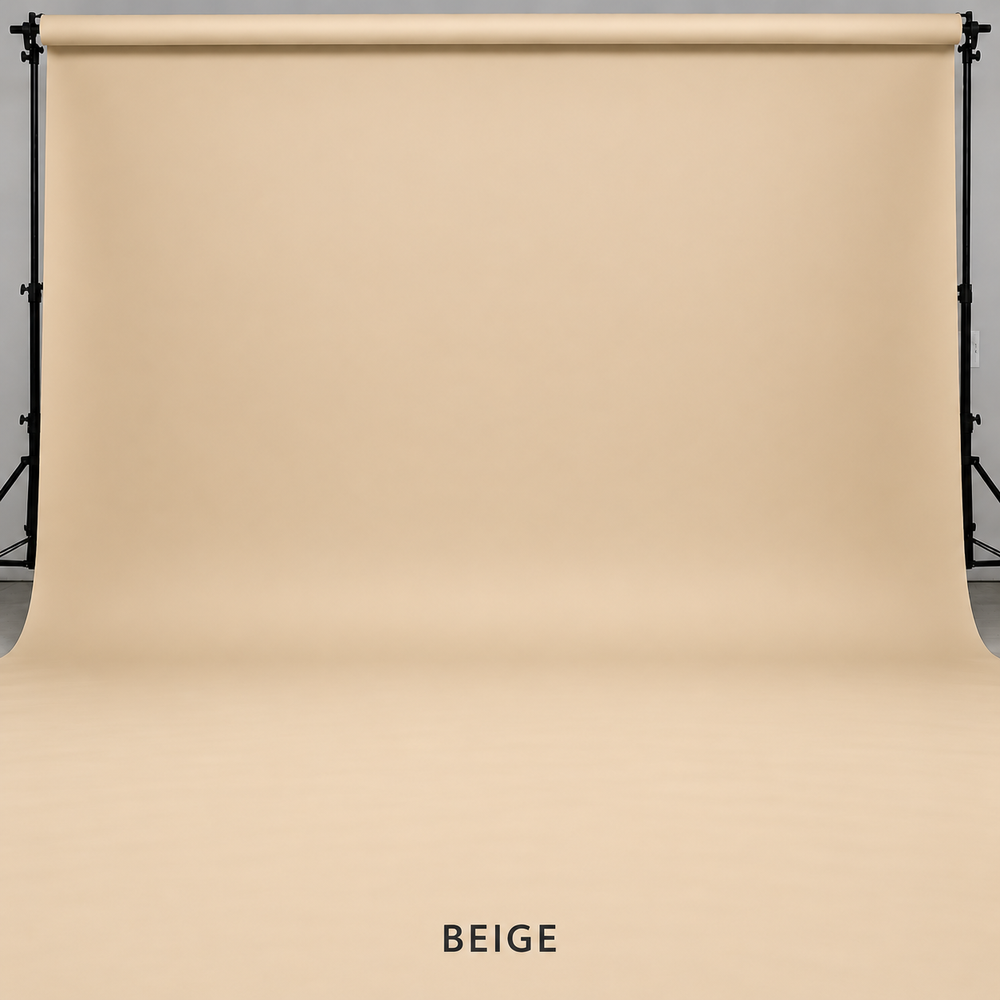 Beige photography backdrop on a professional studio stand, perfect for portraits and product photography.