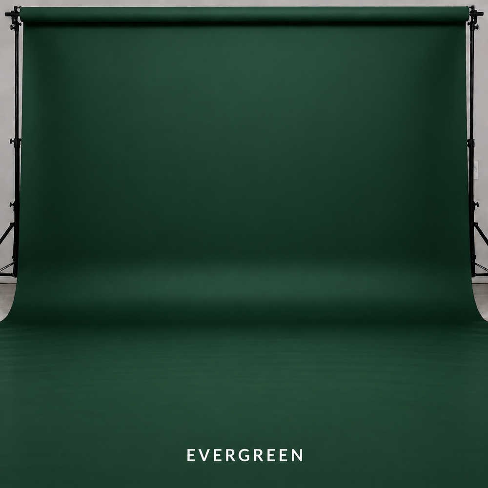 Evergreen dark green photography backdrop on a studio stand, perfect for professional photo shoots.