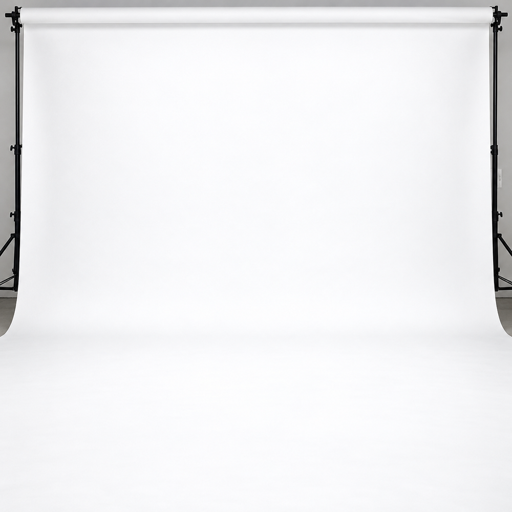 White photography backdrop on a professional studio stand, ideal for clean product and portrait shoots.