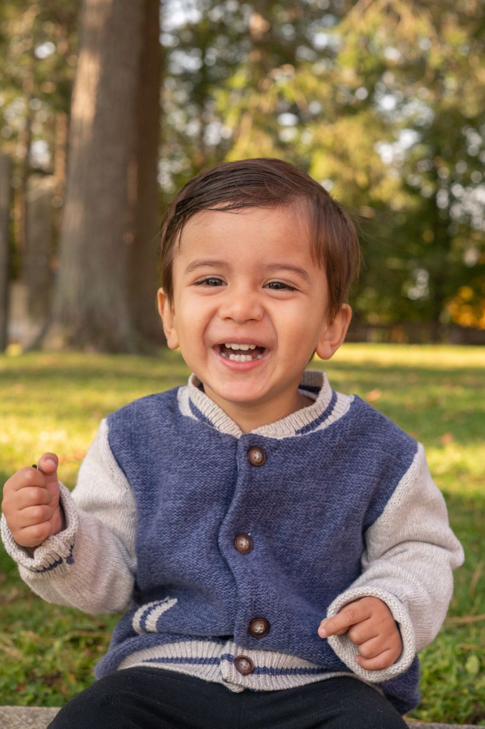 Happy toddler boy in blue varsity sweater laughing outdoors in a sunny park with green grass and trees.