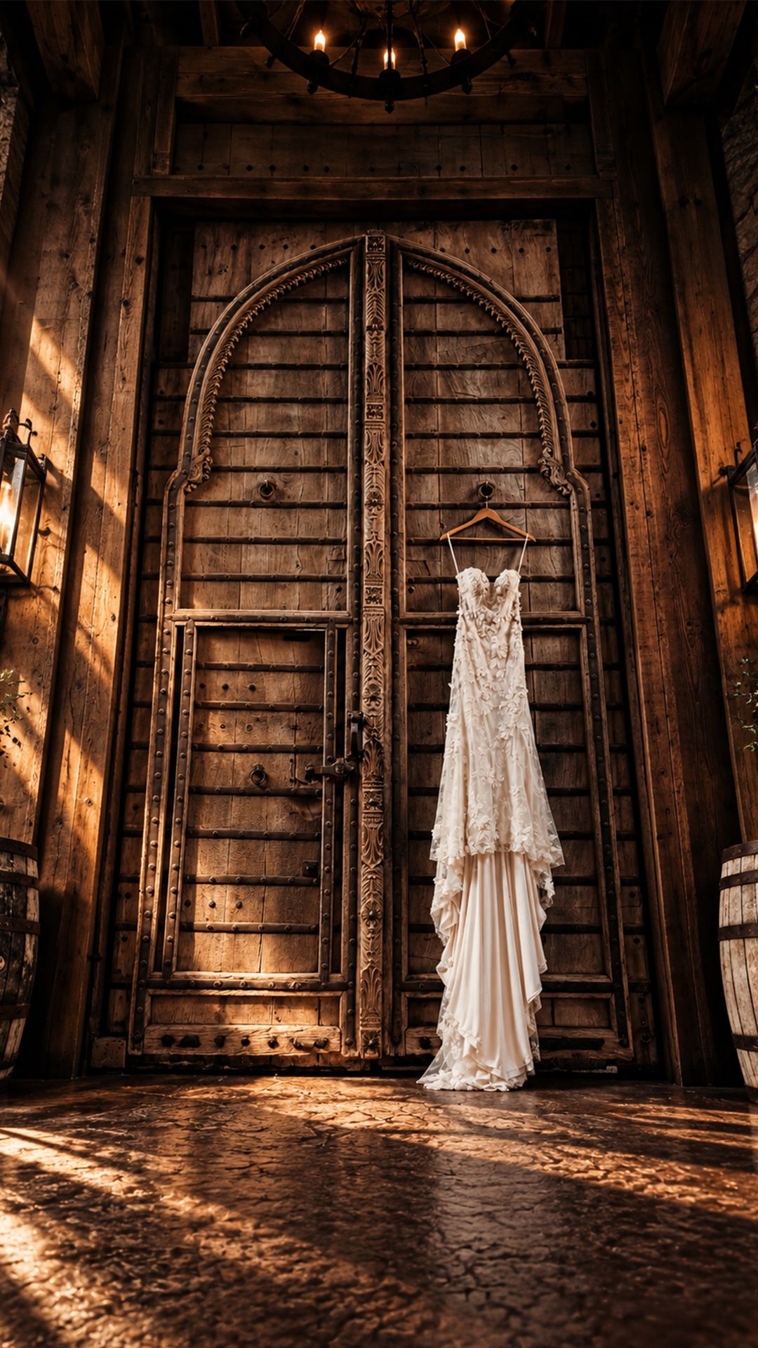 Lace wedding gown hanging on a rustic wooden door at Lucky Spur Ranch