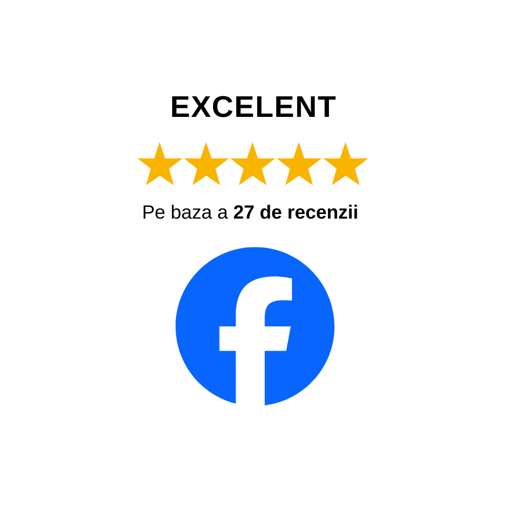 Social media rating interface showing 5 gold stars and Facebook icons with Romanian text indicating excellent reviews.