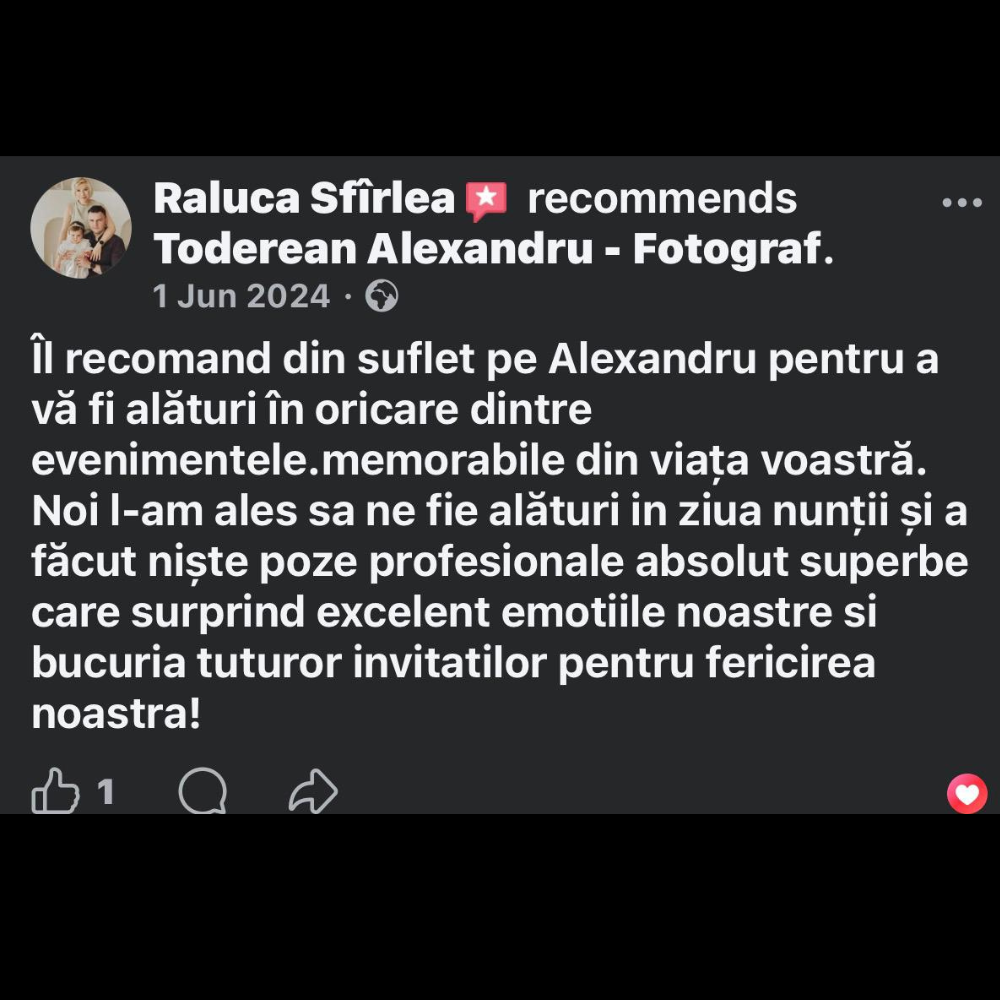 Social media post showing a Romanian language review with profile picture and thumbs up reaction.