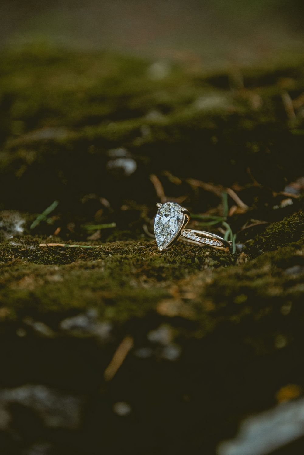 Elegant pear-shaped diamond engagement ring with pavé band resting on mossy green stone surface.