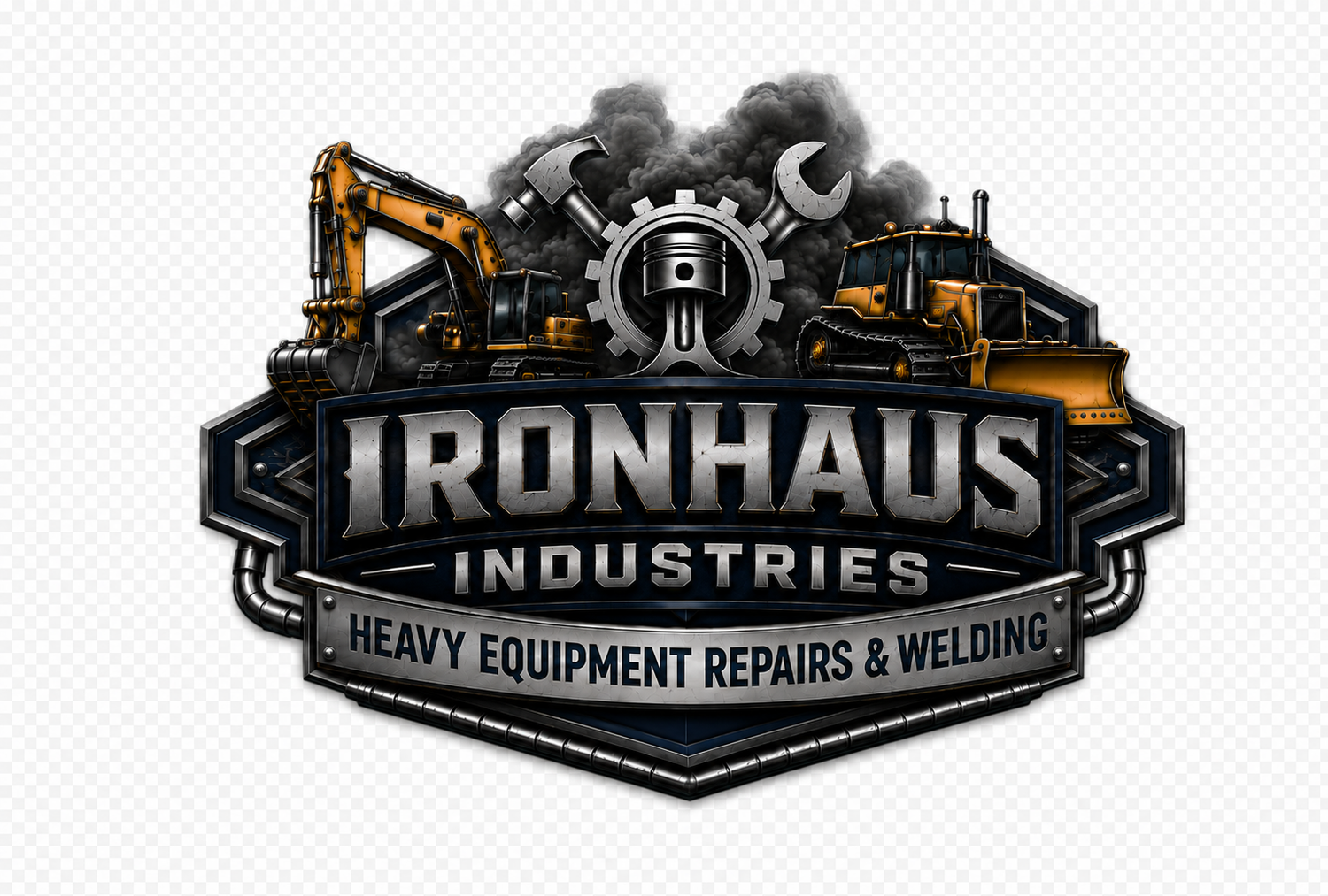 Ironhaus Industries heavy equipment repairs and welding logo featuring excavators, trucks, and industrial gears on dark metallic background.